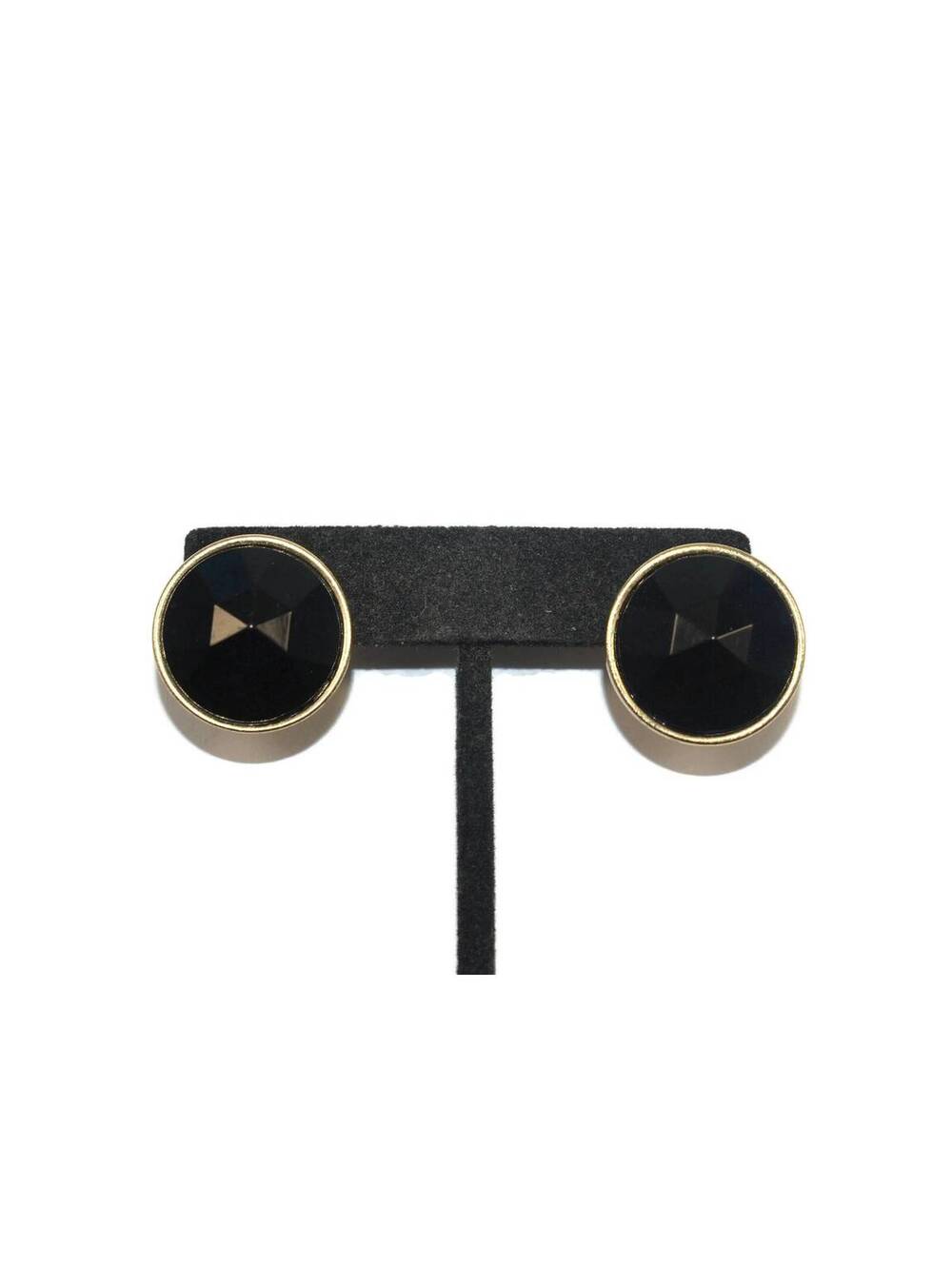 Vintage Gold Tone and Faceted Black Plastic Round Stud Earrings.